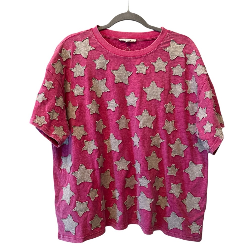Pink Star Pattern Blue Velvet T-Shirt